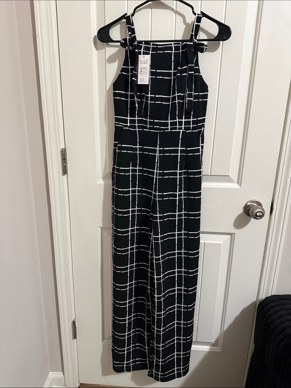 Cupshe Black & White Windowpane Wide-Leg Jumpsuit XS with Pockets